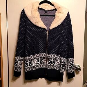 Nautica Knit Winter Sweater with Detachable Faux Fur Collar - XL